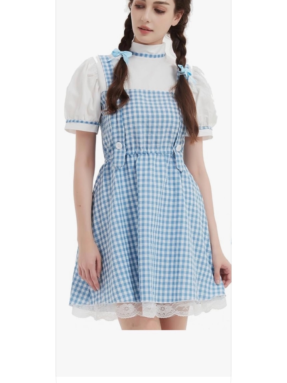 Dorothy”Wizard of Oz”Size 10 Blue Gingham Pinafore Dress w/Lace hem 4 Halloween